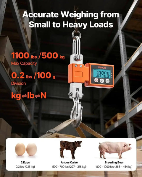 Digital Crane Scale 1100 Lbs 500 Kg Capacity With Cast Aluminum Case LCD Display hanging in warehouse