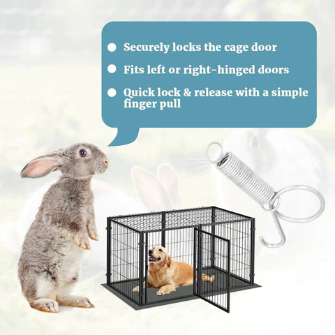 Image showing a rabbit near a dog crate with a 40 Pack Metal Finger Spring Latch Hook illustration, highlighting easy lock features.