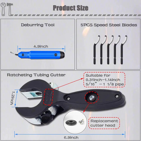 Ratcheting Tubing Cutter For Copper And Metal Pipes From Five Sixteenth Inch To One And One Eighth Inch Two In One Close Quarters PEX Cutter With Deburring Tool Compact 360 Degree Cutter For PVC Brass Aluminum Stainless Steel Includes Extra Cutter Head