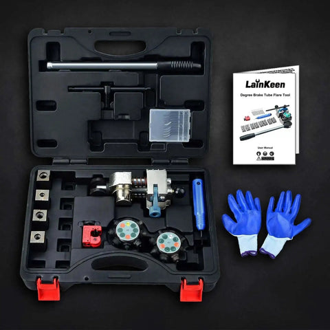 Pro Grade Brake Line Flaring Tool Kit with 37 and 45 degree flare sets, open case showing tools, gloves, and manual on black background