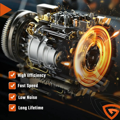High efficiency, fast speed, low noise, long lifetime engine illustration with mechanical components and spinning elements.