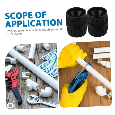 Dual Tubing Reamer Set For No Hassle Deburring with tools, gloves, and PVC pipes, showcasing compact inner and outer reamers for pipe preparation.