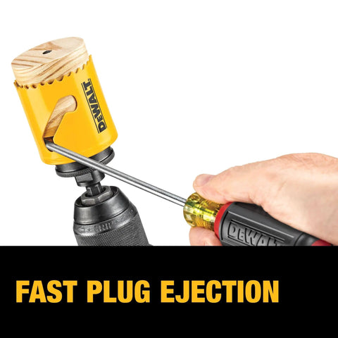 Workhorse Heavy Duty Bi Metal Hole Saw Kit For Electricians With Long Life Teeth And Easy Plug Ejection For Fast Chip Removal Versatile Drilling Set D180002 By DeWalt For Cutting Wood Metal Plastic And Black Pipe demonstrating plug ejection.