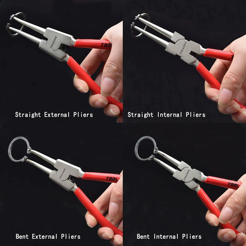 4 Pack Snap Ring Pliers Set With Circlip Pliers For Internal And External Rings showing straight and bent tips, 7 inch