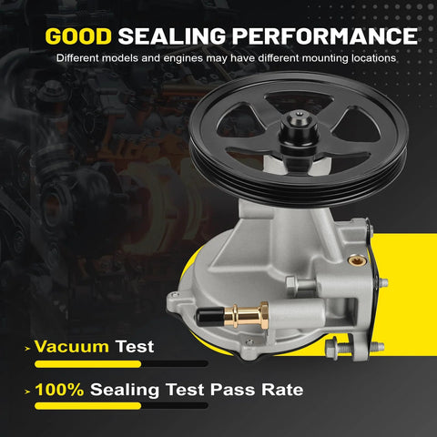 Brake vacuum pump with black drive pulley on silver housing; automotive replacement part