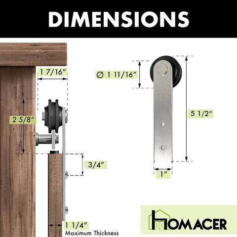 Dimensions of Mini Brushed Nickel Sliding Barn Door Hardware Kit for Two Doors with 54 Inch Flat Track, Straight Rollers
