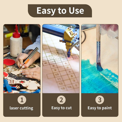 10 Pack 12x12 Inch Unfinished Basswood Plywood Sheets One Sixteenth Inch Thick For Laser Cutting Engraving Burning And Craft Projects Durable Blank Boards For DIY Makers, shown in use for laser cutting, engraving, and painting.