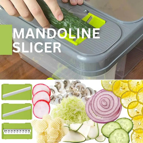 All In One Vegetable Chopper And Prep Station With 15 Functions And 10 Interchangeable Blades Including Mandoline Slicer Cheese Grater Egg Separator Built In Cutting Board And Storage Container For Effortless Meal Prep And A Real Time Saver, showing vegetable slicing and interchangeable blades.