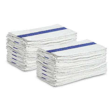 White Cotton Blend Shop Towels 60 Pack Bulk 22x44 Inches B Grade Cleaning Rags For Auto Industrial And Commercial Use Absorbent Terry Towels Box Built Tough For Spills And Wipes In Busy Shops And Garages. Two stacks of folded white towels.