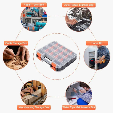 Orange 34 Compartments Double Sided Small Parts Organizer With Removable Dividers And Clear Lid Tackle Box featured in various use cases