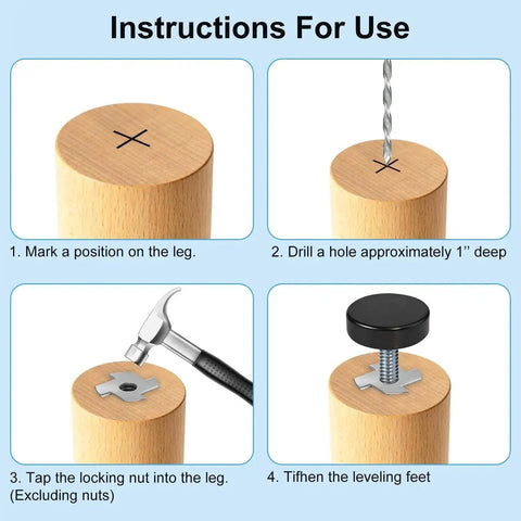 Instructions for installing Adjustable One Quarter Inch Thread Leveling Feet With T Nuts 12 Pack Screw In Furniture Levelers.