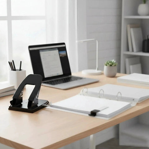 Two Hole Punch With 30 Sheet Capacity on desk, ideal for home office, with binder and laptop, Workhorse Metal Paper Punch For Professional Use