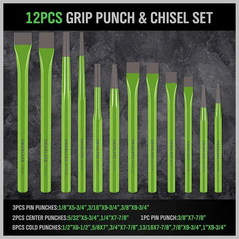 12pcs grip punch and chisel set with green handles on a black background