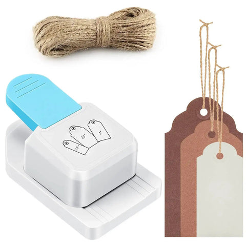 3 In 1 Craft Tag Punch Kit with rope and three gift tags in round style for paper crafting and scrapbooking, sizes 1.5 to 2.5 inch.