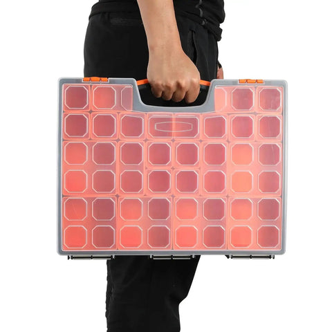Person carrying two pack 22 compartment toolbox organizer set for hardware nuts bolts nails and small tools built tough as nails