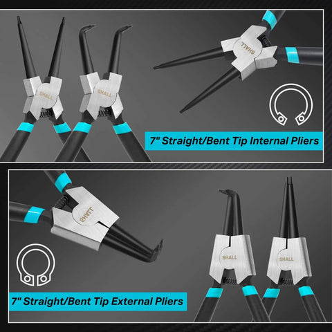 All In One Snap Ring Pliers Set, 7 Inch Internal External Circlip Pliers With Straight And 90 Degree Bent Tips, front view