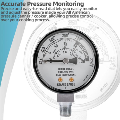 Pressure dial gauge for 1930 pressure canners, front view with numbered dial and mounting stem.