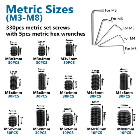 Must Have Heavy Duty Set Screw Assortment Kit 550 Pcs 25 Sizes Metric SAE Grub Screws M3 To M8 And 1/8 To 5/16 Inch Black 12.9 Alloy Steel display