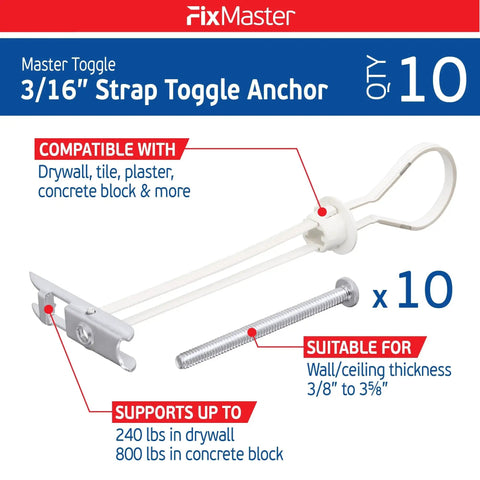 Heavy Duty Master Toggle-Bolt Strap Anchors Three Sixteenth Inch With Ten Steel Threaded Studs for drywall, wood, concrete block installation