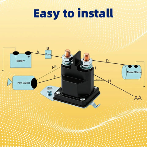 Front view of a black starter solenoid relay for riding lawn mowers; shows two terminal posts and mounting base.