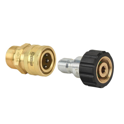 McKillans pressure washer quick-connect kit, brass M22-14mm to 3/8-inch male/female fittings.