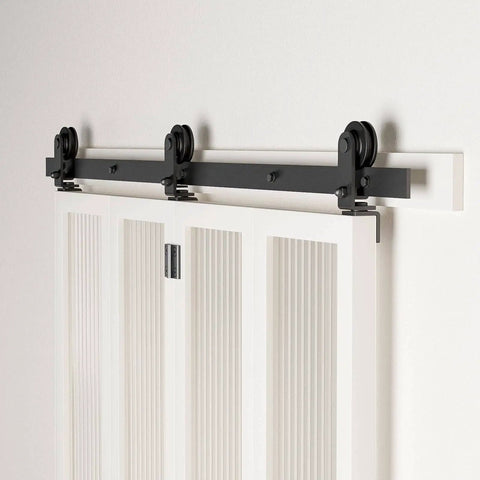 Heavy Duty Four Door Bifold Sliding Barn Door Hardware Kit With All Doors Open To One Side 6.6 Foot Track System in use