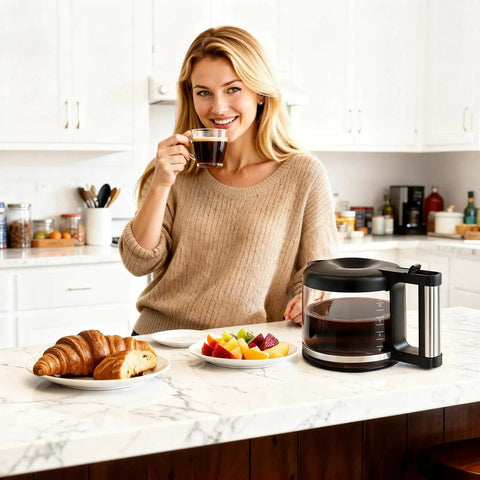 Glass 10-cup coffee carafe replacement for De'Longhi coffee maker with black lid on kitchen counter.