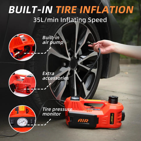 STANDTALL 12V portable electric car jack with built-in tire inflator and pressure monitor beside a car wheel with accessories