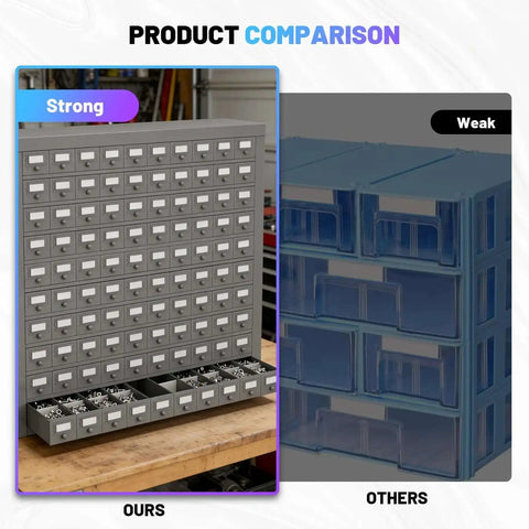 100 Drawer Metal Storage Cabinet For Nuts Bolts And Tools, heavy duty gray parts organizer compared to a weaker plastic unit