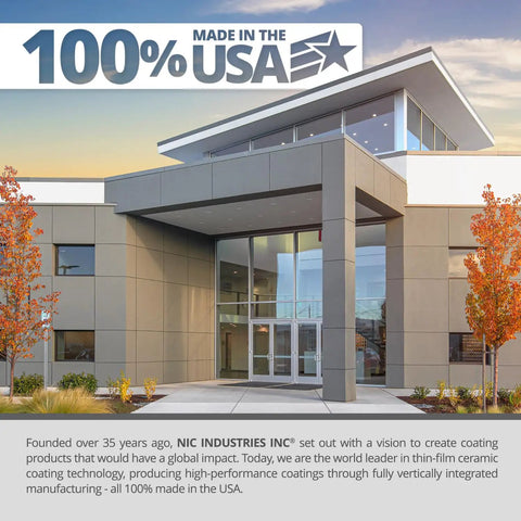 Modern commercial building exterior with glass doors and windows, showcasing the 100% made in the USA label.