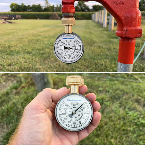 MEASUREMAN water pressure gauge with 2-1/2 in dial and brass hose thread, shown on red irrigation valve