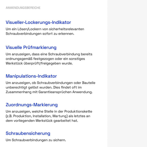 German text detailing uses of Blue Threadlocker Paint 50 Ml Tube That Locks Screws Tight Water Based Solvent Free Tamper Proof