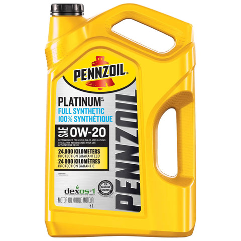 Premium Full Synthetic 0W-20 Motor Oil Made With Natural Gas, 5 Liter for Max Engine Protection in yellow bottle.