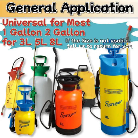 Garden sprayers set in yellow, orange, blue and green; includes 3L, 5L and 8L capacities with hoses and triggers.