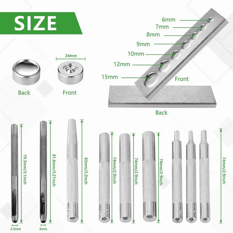 Eleven Piece Leather Craft Pro Grade Punch Tool Kit With Snap Fastener Setter And Rivet Die Set, detailed view with measurements