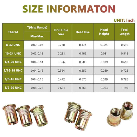 Size chart and images of 100 Pack 5/16 Inch Rivet Nut Set 5/16-18 UNC Flat Head Rivnut Inserts, Zinc Yellow Plated Carbon Steel Threaded Inserts