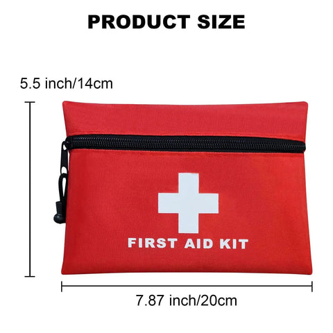 Portable Empty First Aid Kit Pouch With Zippered Opening For Emergency Use At Home Office Car Outdoors Boat Camping And Hiking Waterproof Polyester Bag, red with size details.