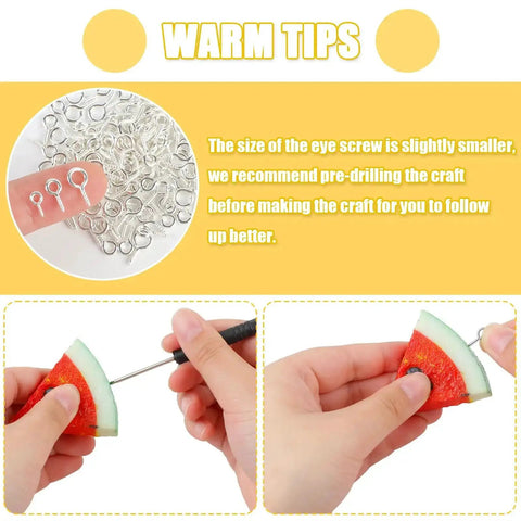 Instructional image showing use of Three Styles Mini Screw Eye Pins Set 720 Pcs Silver Eye Screws in crafts.