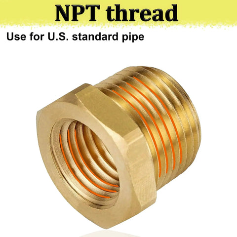 Close-up of Two Pack Brass Reducer Hex Bushing Three Quarters Inch MNPT To One Quarter Inch FNPT Heavy Duty Pipe Fitting Adapter NPT Thread