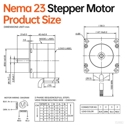 Beefy Nema 23 Stepper Motor 1.8 Degree Bipolar 2-Phase High Torque 0.72Nm technical diagram with dimensions and wiring