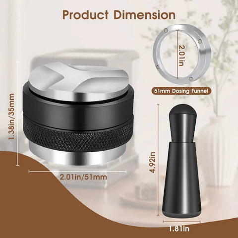 Espresso Accessories Kit 51mm For Delonghi And Other 51mm Machines showing distributor, tamper, and dosing funnel dimensions.