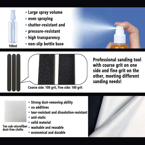 Spray bottle, sanding tool with coarse grit, and microfiber cloths description for 52 Pcs Resin 3D Printing Tool Kit with Steel Filter Funnel.