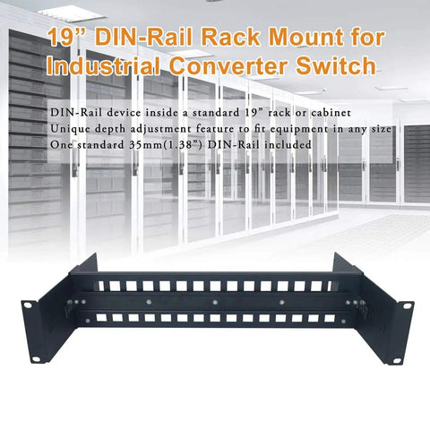 Heavy Duty 19 Inch Rack Mount DIN Rail Kit with 35mm height DIN rail, adjustable depth bracket for media converters and switches.