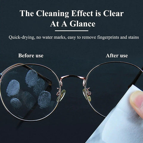 Side-by-side comparison of glasses before and after using 320 Premoistened Cleaning Wipes For Glasses Screens And Cameras on lenses.