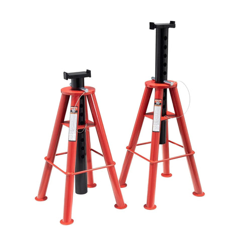 10 Ton Pin Type Jack Stands High Height Pair With Four Leg Steel Base, showing red four-leg base and adjustable pin height, front view.