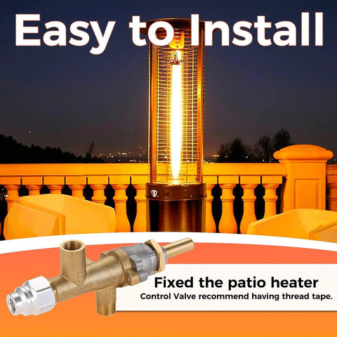 Propane patio heater repair kit with brass main control valve and pilot port, outdoor night scene