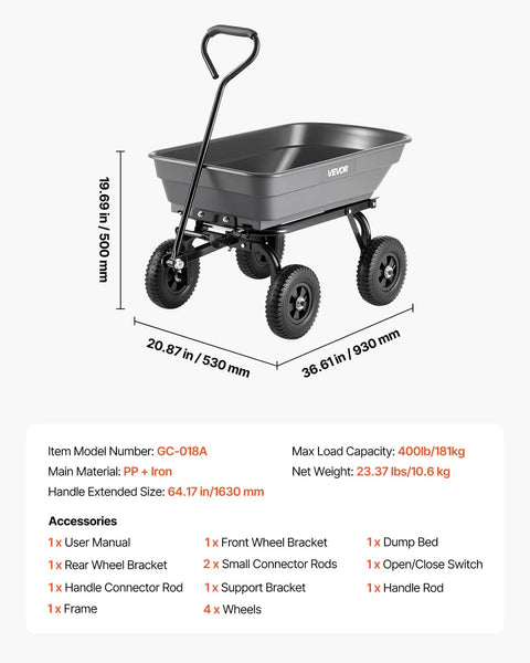 Heavy Duty Workhorse 400Lb Capacity Wheelbarrow Dump Cart With 8 Inch Flat Free Tires And Quick Release Dump System