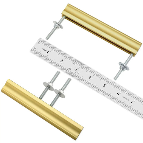 Six Pack Adjustable Matte Gold Drawer Pulls For Cabinets And Furniture, Versatile 1 Inch To 4 Inches Hole Centers Mounting, showing screws and ruler