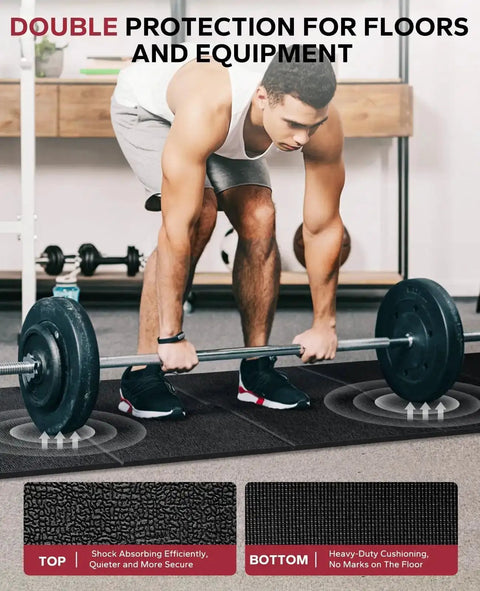 Man lifting weights on Non Slip Treadmill Mat For Home Gym Setup 68 By 24 By 0.2 Inch, showing shock absorption and floor protection