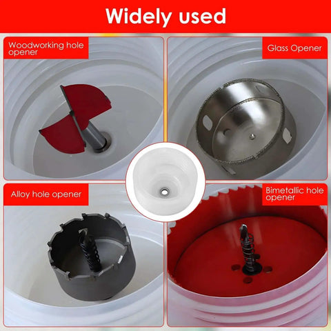 Pro Grade Seventeen-Piece Diamond Hole Saw Set For Ceramic Glass Tile Marble And Granite With Twelve Common Sizes includes four types of hole openers for various materials.